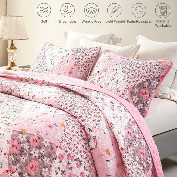 New Pink Floral Patchwork 3-Piece Bedding Quilt Set • Reversible  • KING - Picture 5 of 7